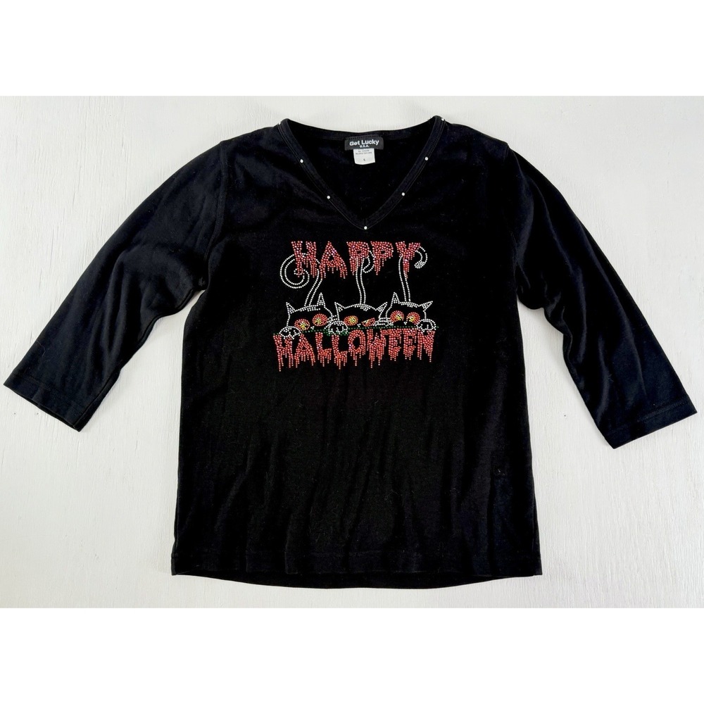 GET LUCKY USA Rhinestone Happy Halloween Peeking Three Scared Cats Top Women's S